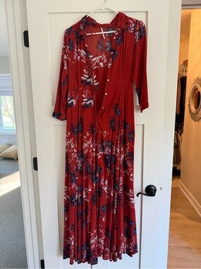 Free People Red Floral Button-Front Maxi Dress